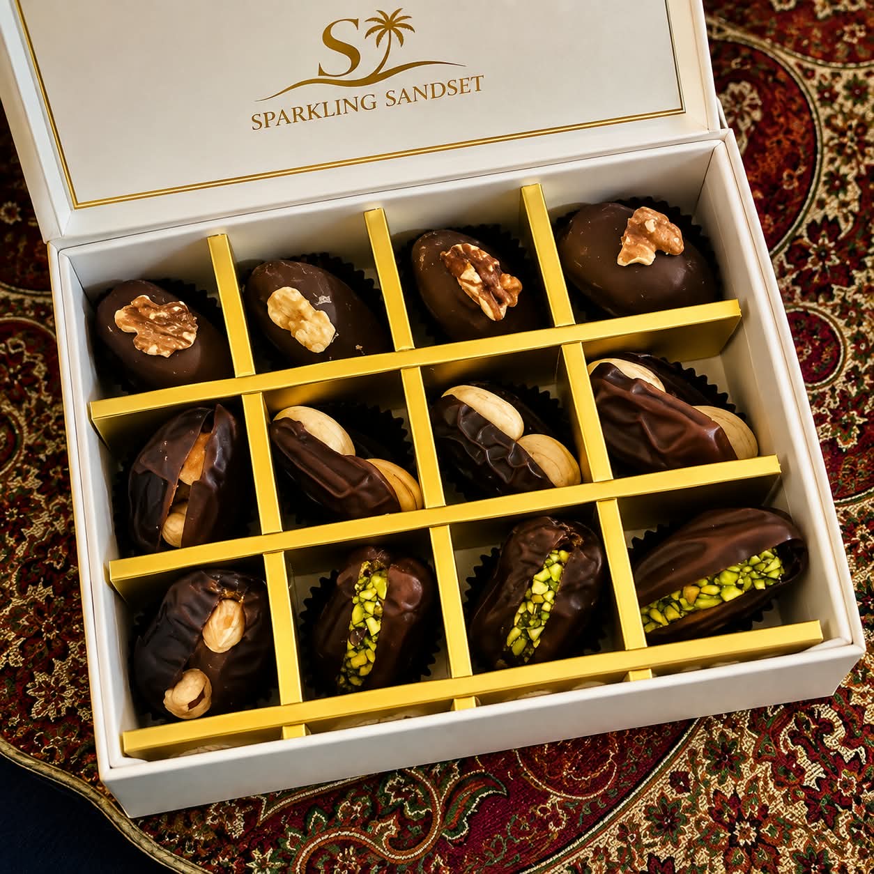 Chocolate-dipped date gift box with pistachio and hazelnut for Abu Dhabi corporate clients