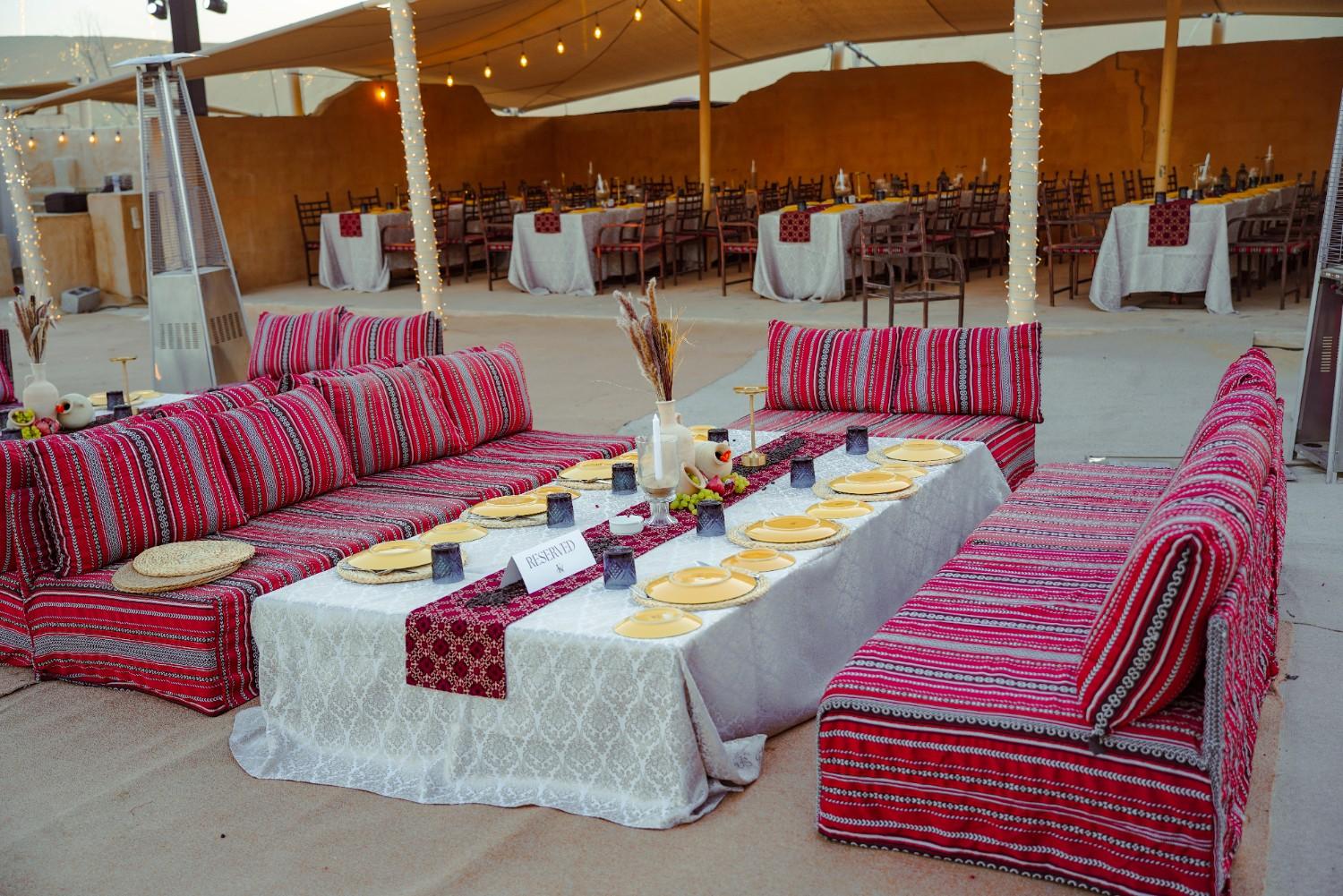 Long majlis dining table set for the wedding reception