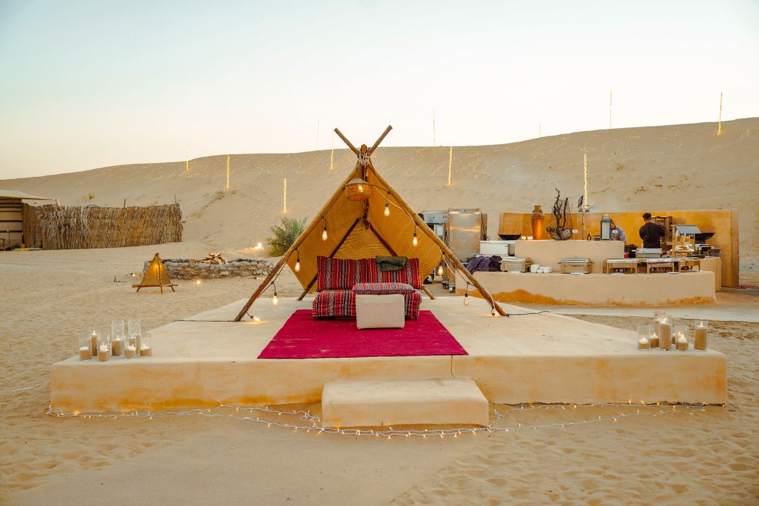 Private teepee lounge at the wedding's chef station